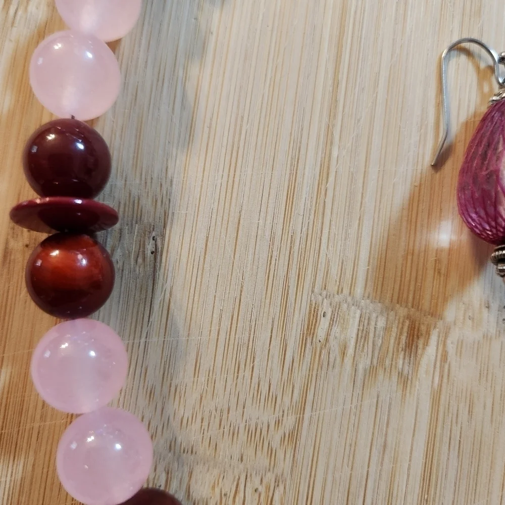 Hand Crafted Pink and Burgundy Beaded Jewelry Set Pierced Earrings and Necklace